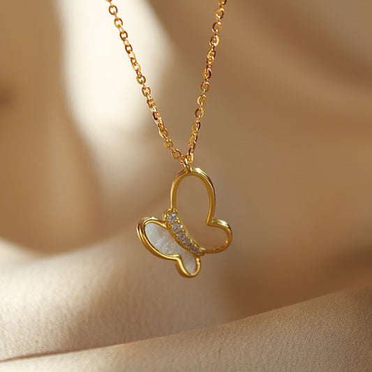 Butterfly Mother of Pearl Necklace, Gold Color