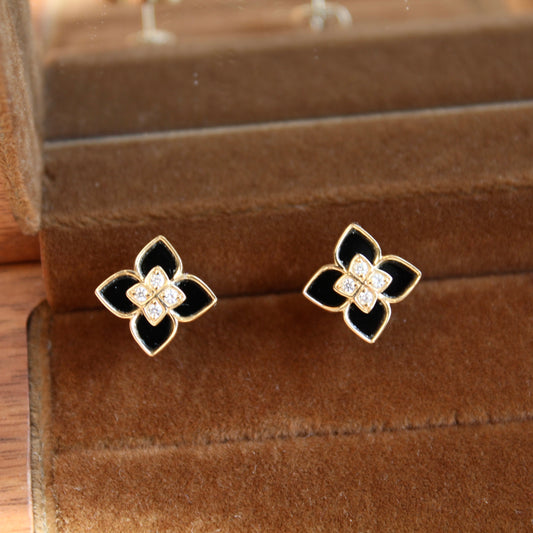 14K Solid Yellow Gold Black Onyx Clover Earrings