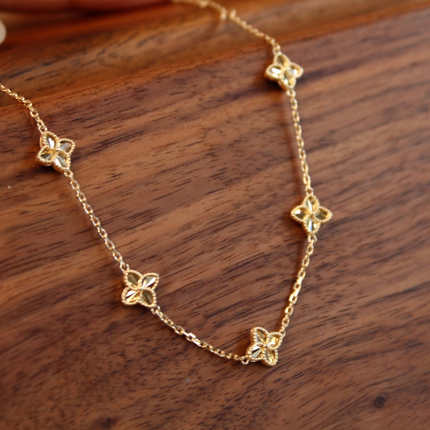 14K Solid Gold Clover Bracelet 双面车花工艺