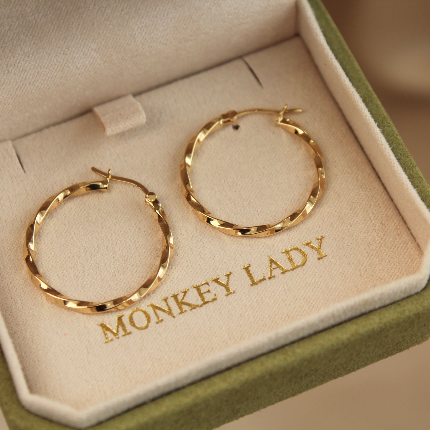 18K Solid Gold Twisted Hoop Earrings, 24mm