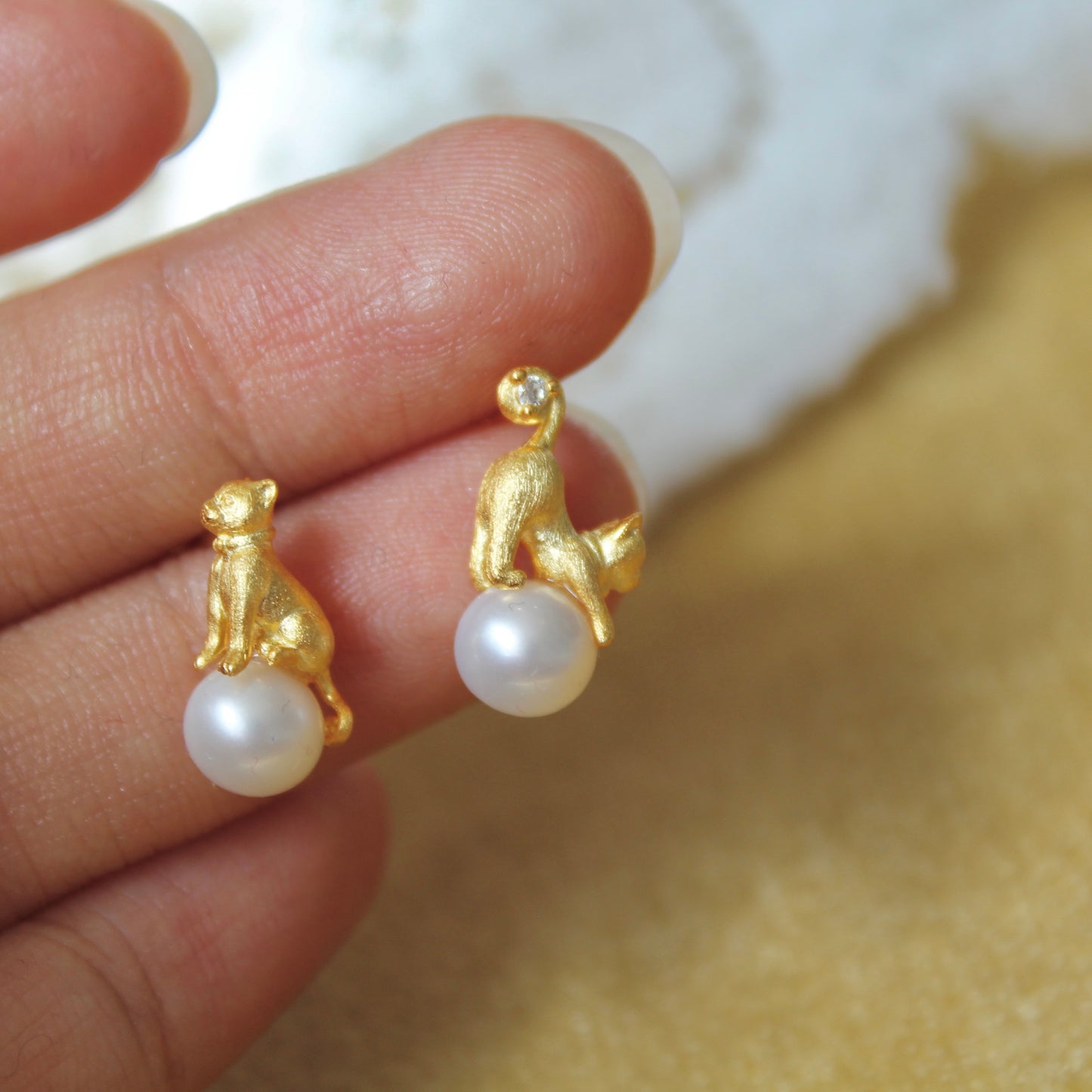 Naughty Cat Pearl Earrings, Sterling Silver