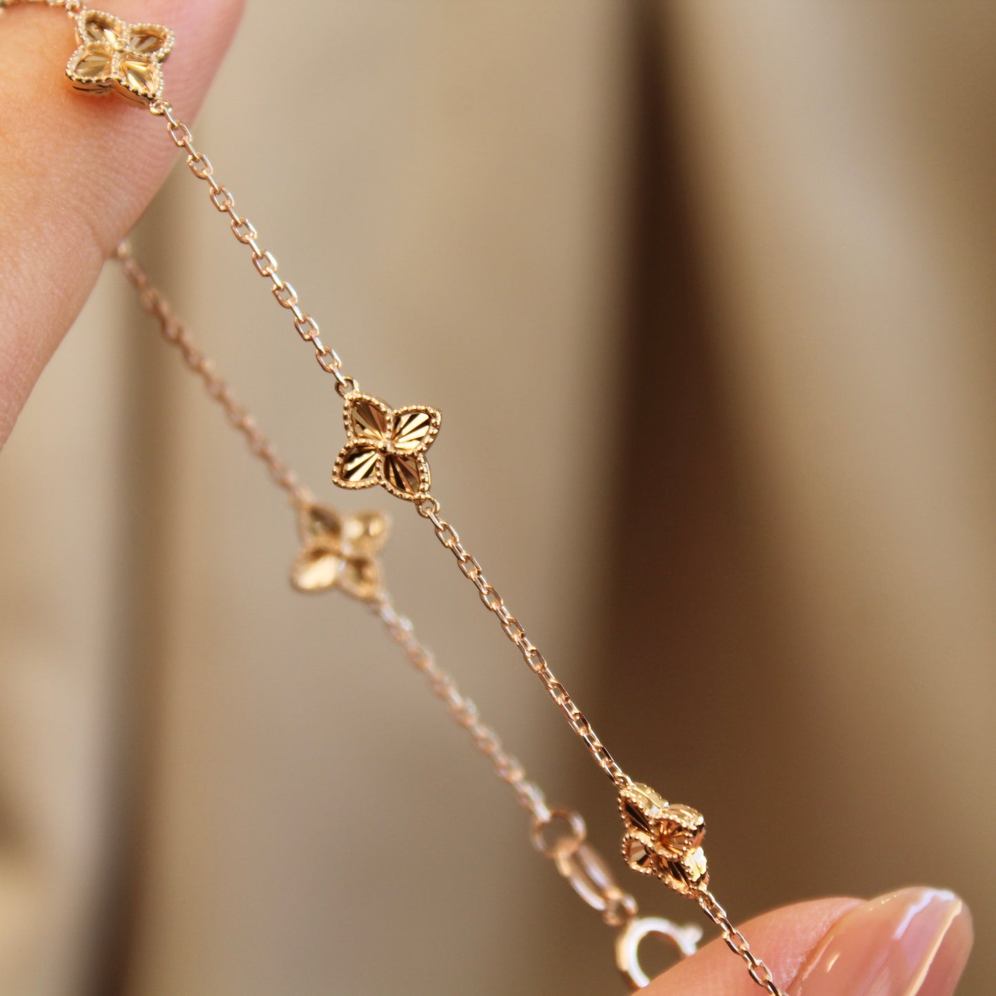 14K Solid Rose Gold Clover Bracelet 车花工艺