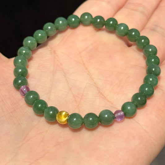 18K Solid Gold Natural Green Jade & Amethyst Bracelet
