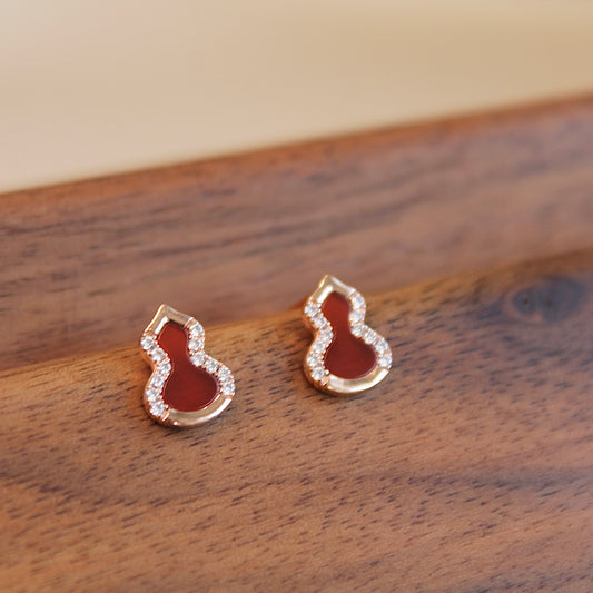 14K Solid Rose Gold Red Agate Hulu Earrings