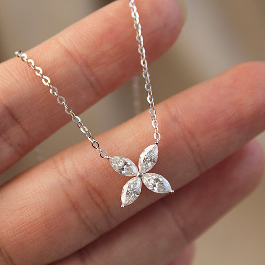 14K Solid White Gold Clover Necklace