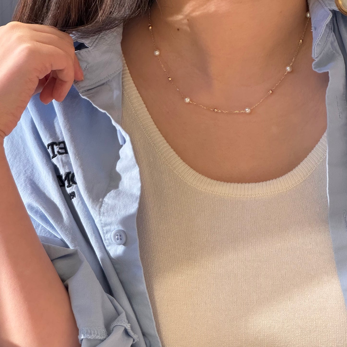 14K Solid Gold Natural Pearl Necklace满天星