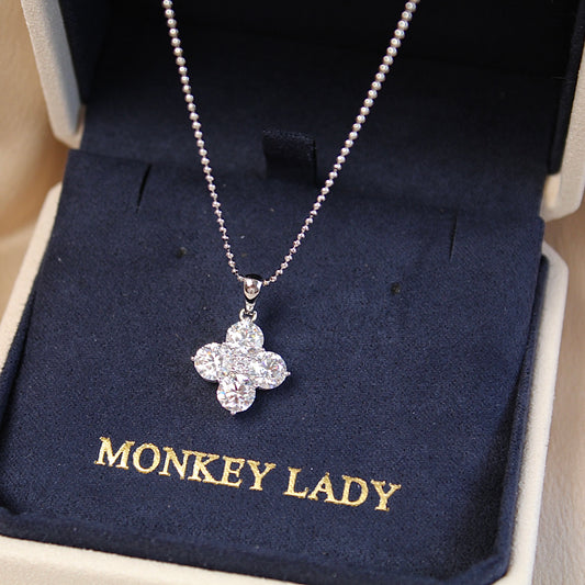 14K Solid White Gold Sparkling Clover Pendant