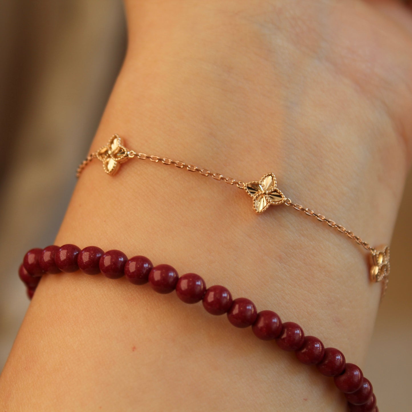 14K Solid Rose Gold Clover Bracelet 车花工艺