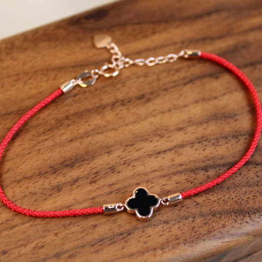 14K Solid Rose Gold Double-Sided Clover Red Bracelet