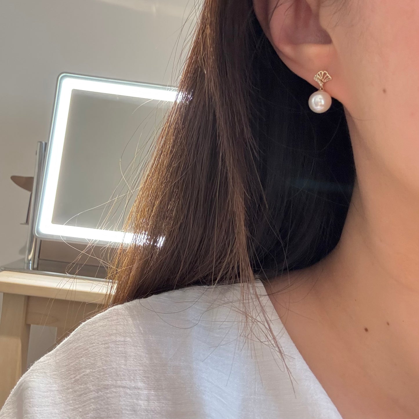 14K Solid Gold Ginkgo Leaf Natural Pearl Earrings