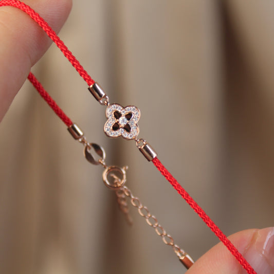 14K Solid Rose Gold Double-Sided Clover Red Bracelet