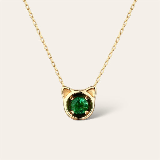 14K Solid Gold, Natural Emerald Cat Necklace