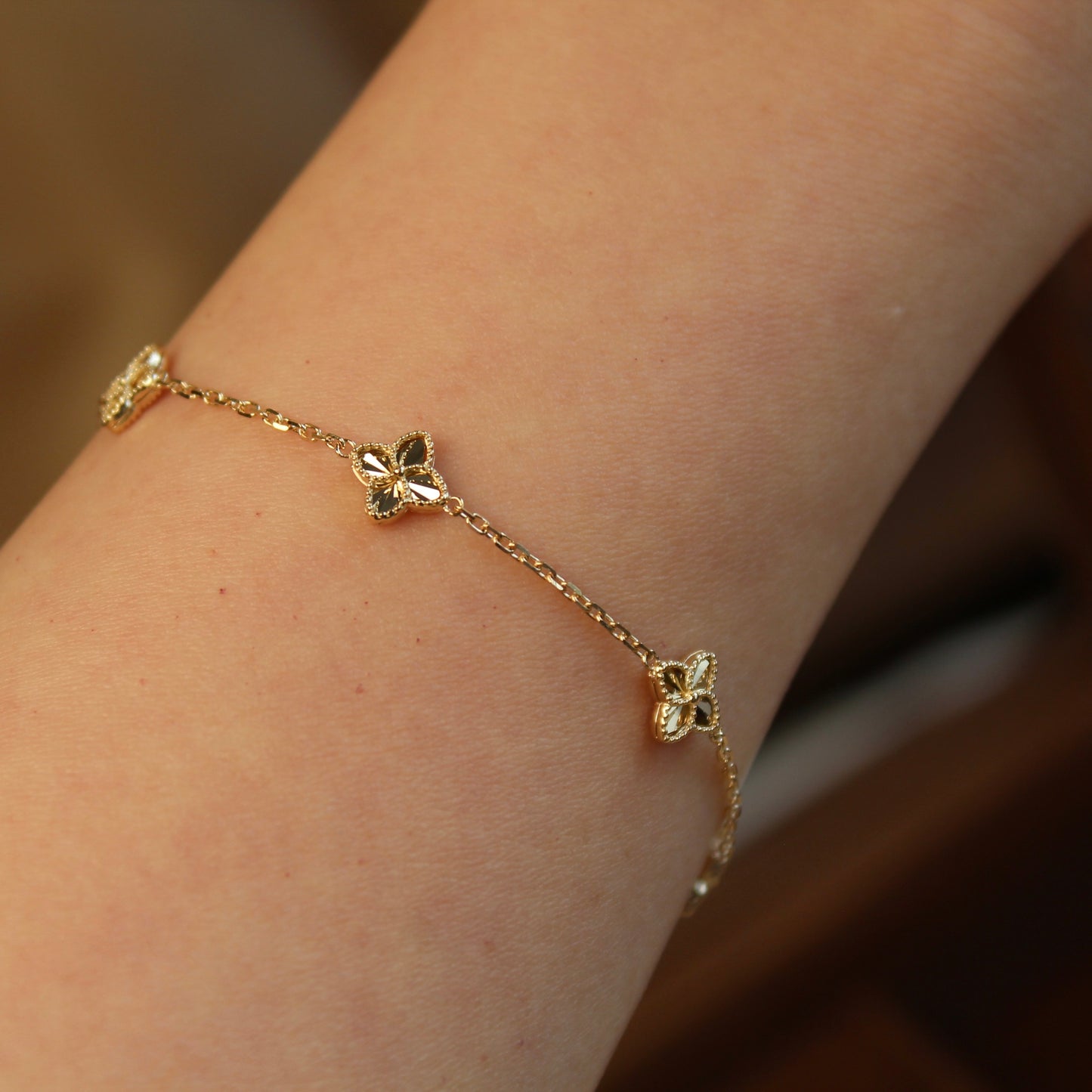 14K Solid Gold Clover Bracelet 双面车花工艺