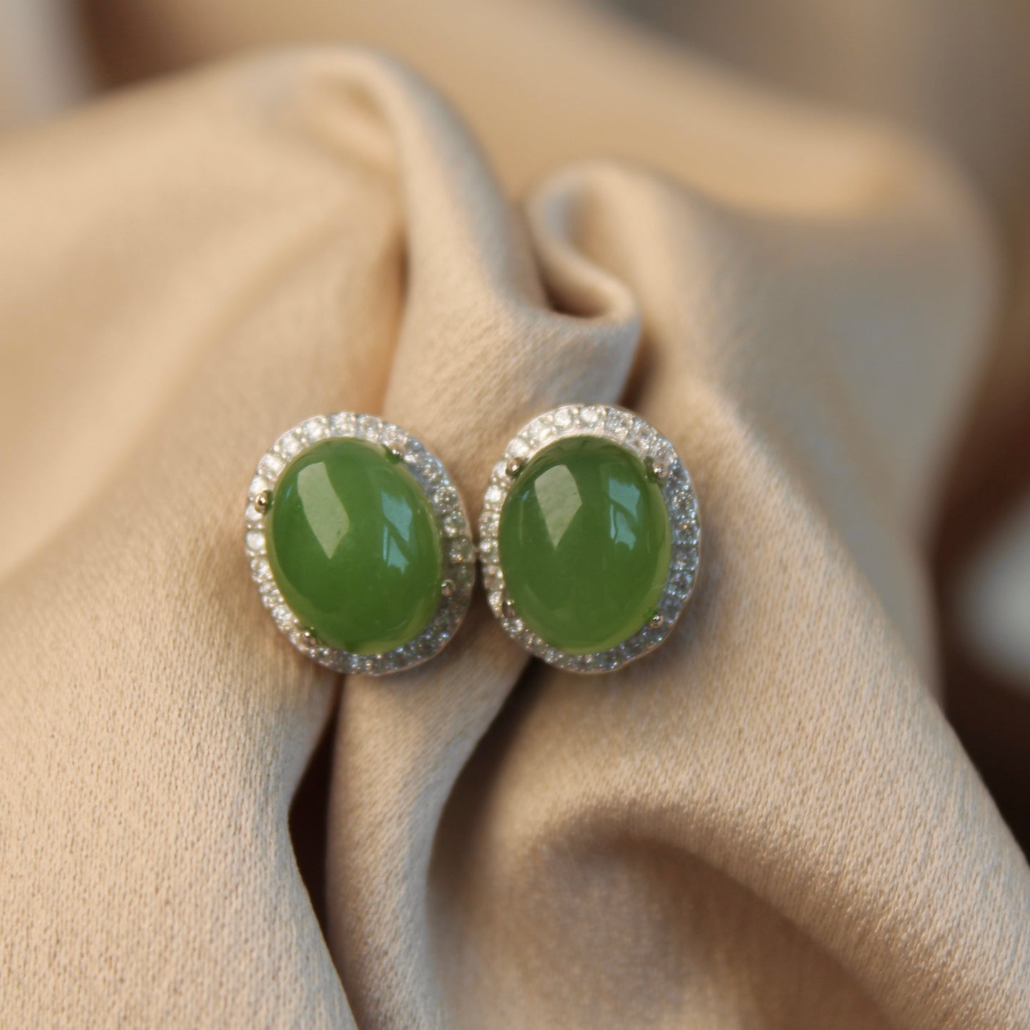 Oval Natural Green Jade Earrings