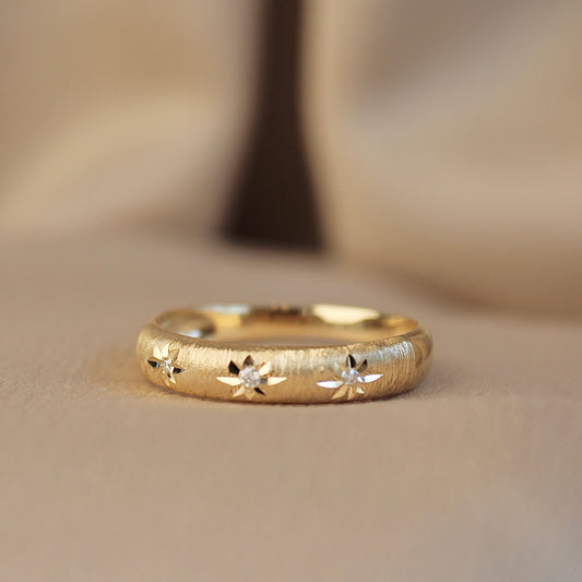 14K Solid Gold Brushed Engraved Star Ring 拉丝
