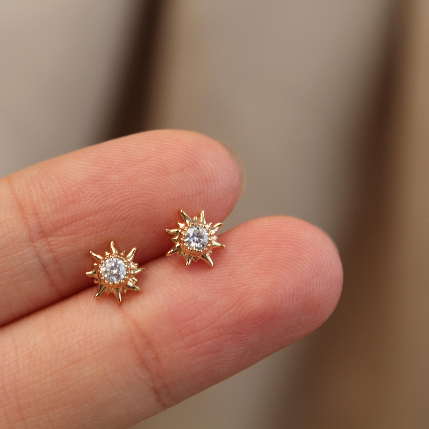 14K Solid Gold Mini Sunflower Earrings