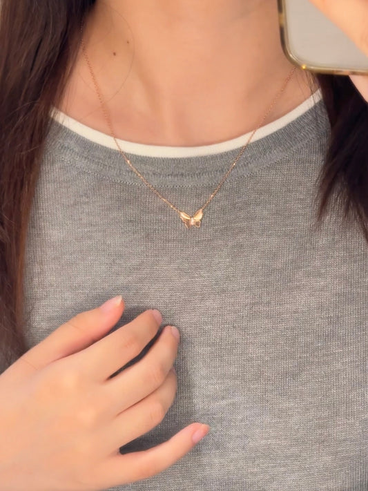 14K Solid Rose Gold Butterfly Necklace 车花工艺