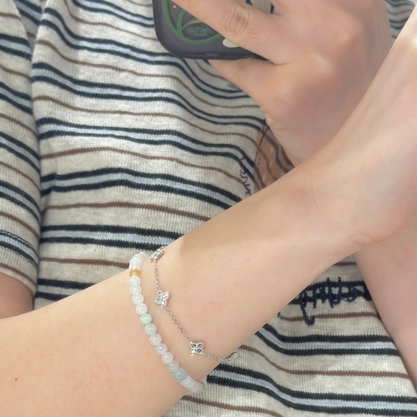 14K Solid White Gold Clover Bracelet 双面车花工艺