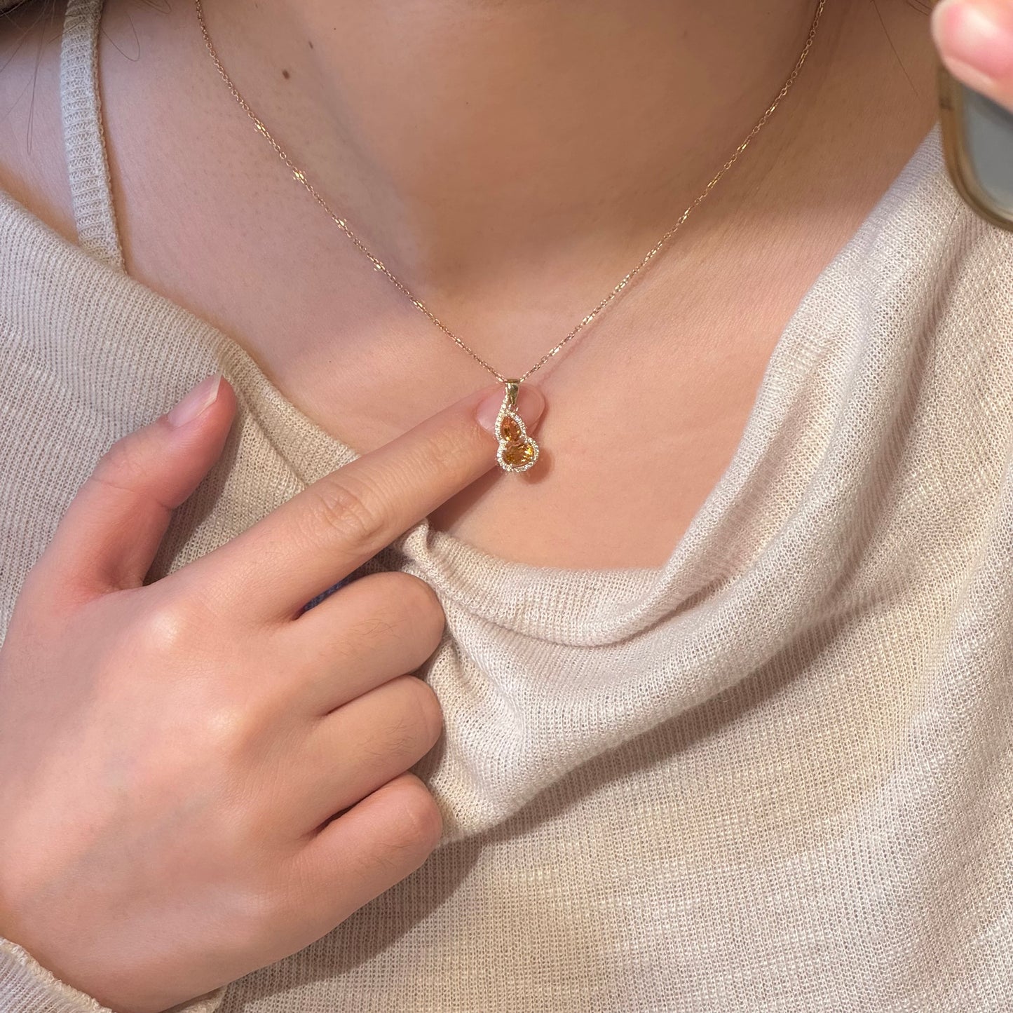 14K Solid Gold Natural Citrine Hulu Pendant