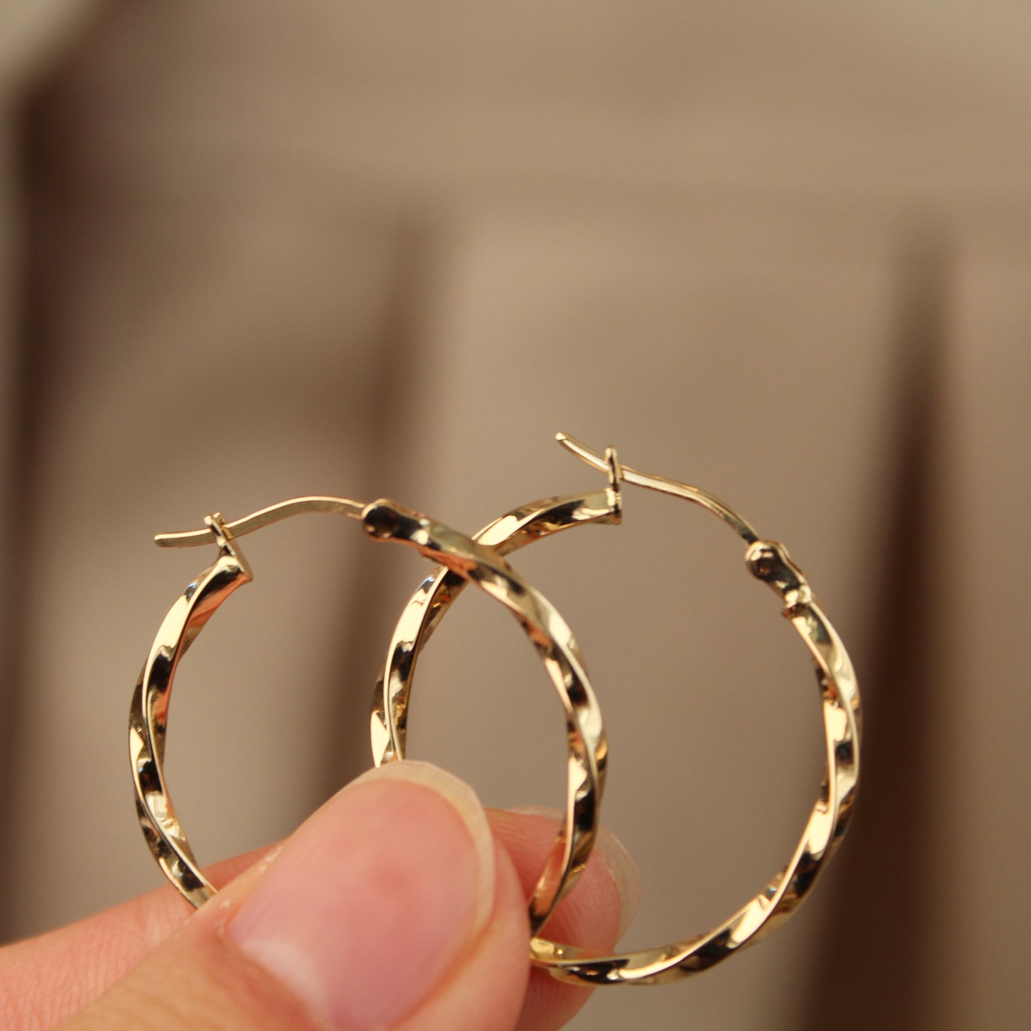 18K Solid Gold Twisted Hoop Earrings, 24mm