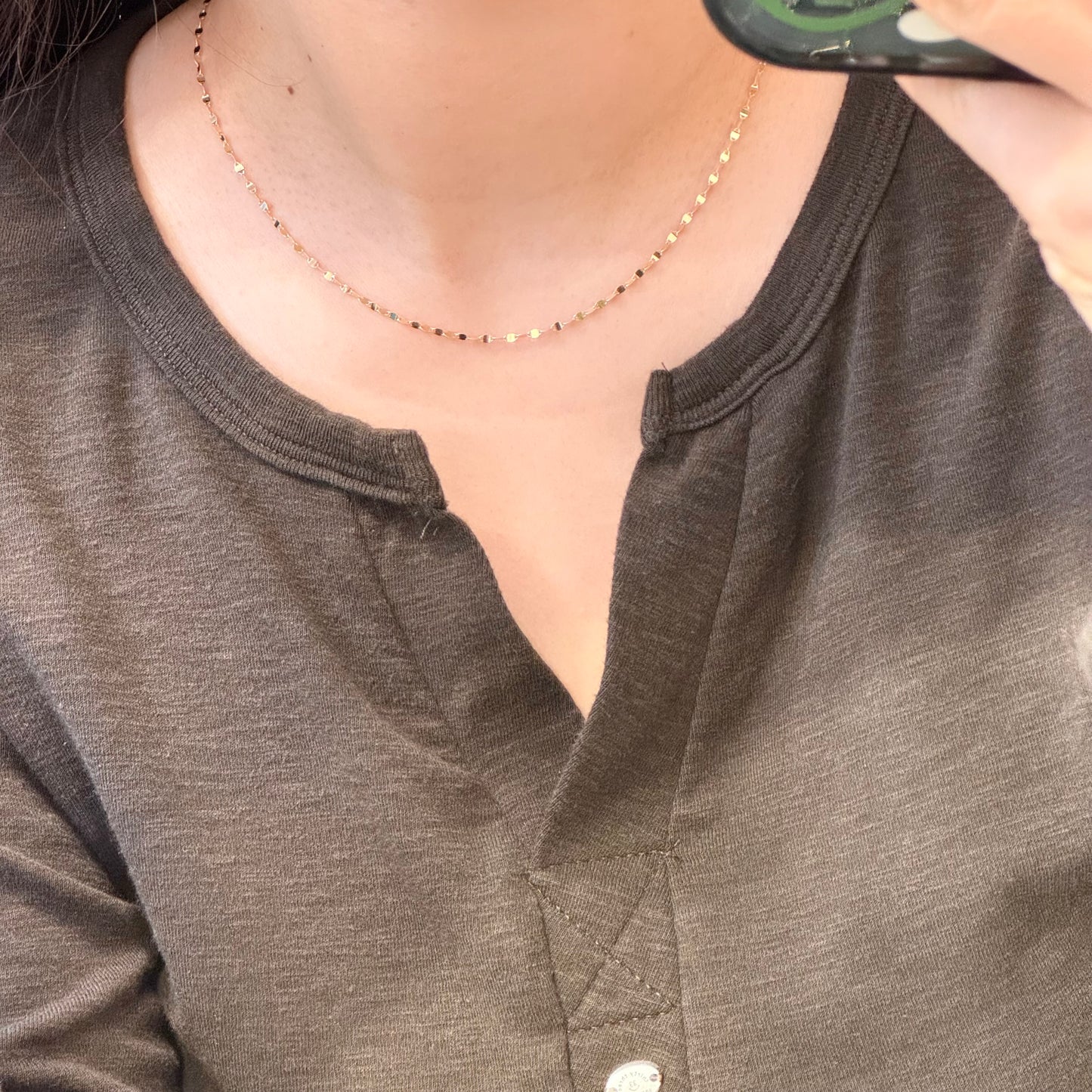 14K Solid Gold Shiny Necklace瓦片链, 45cm