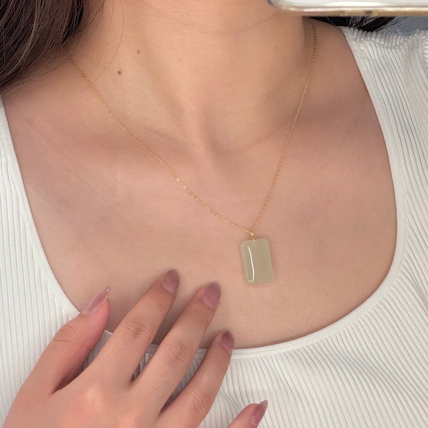 Lucky Rectangle Natural Jade Pendant Necklace