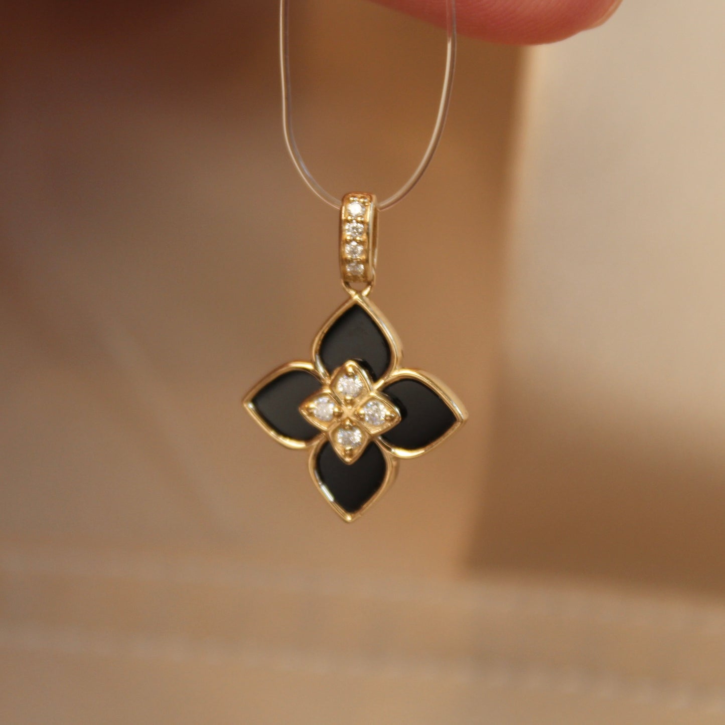 14K Solid Gold Black Onyx Clover Pendant