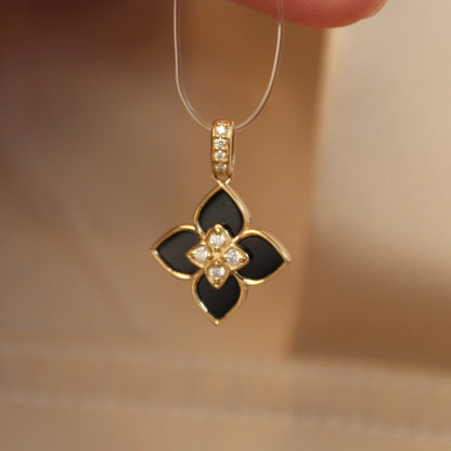 14K Solid Gold Black Onyx Clover Pendant