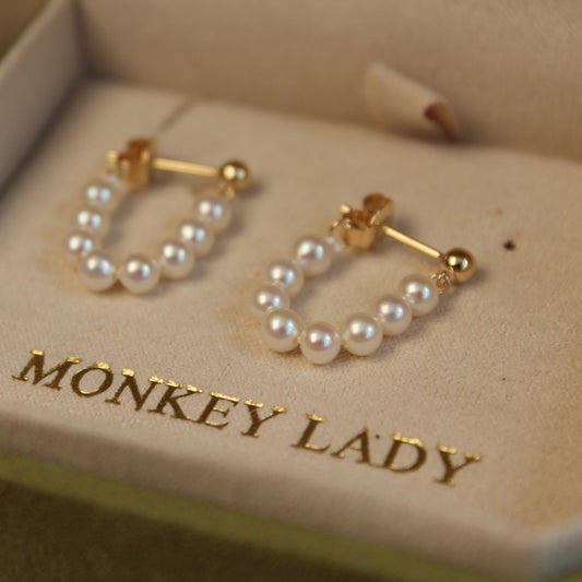 14K Solid Gold Round Pearl Hoop Earrings