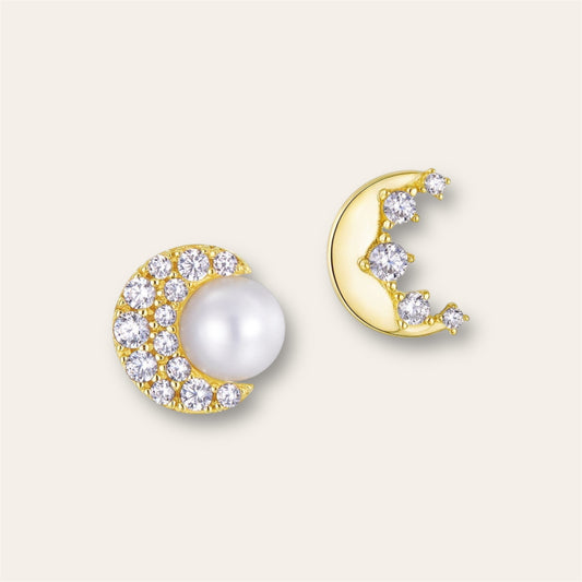 14K Solid Gold, Tiny Moon Pearl Earrings