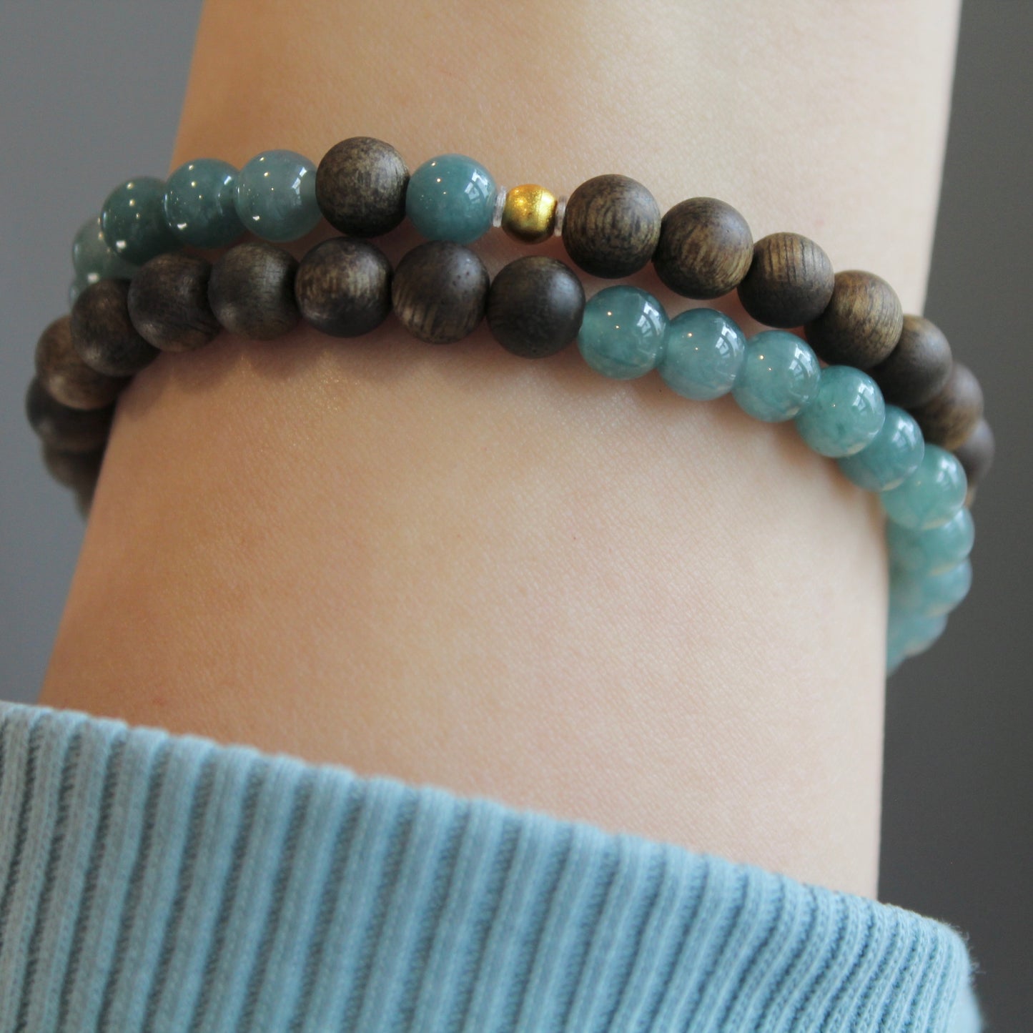 蓝水翡翠沉香双圈手串 Two Layer Bracelet of Natural Jadeite and Agarwood 6mm