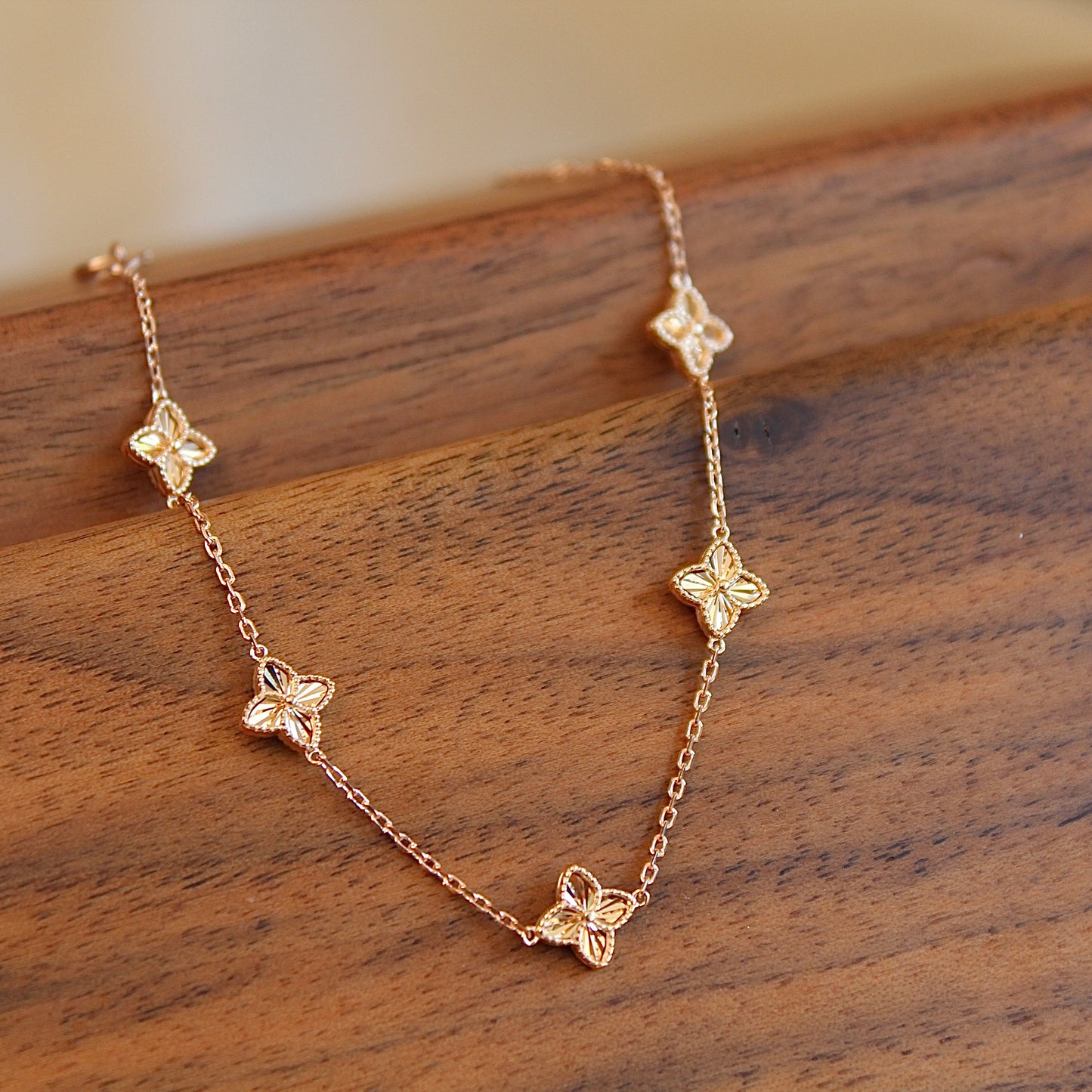 14K Solid Rose Gold Clover Bracelet 车花工艺