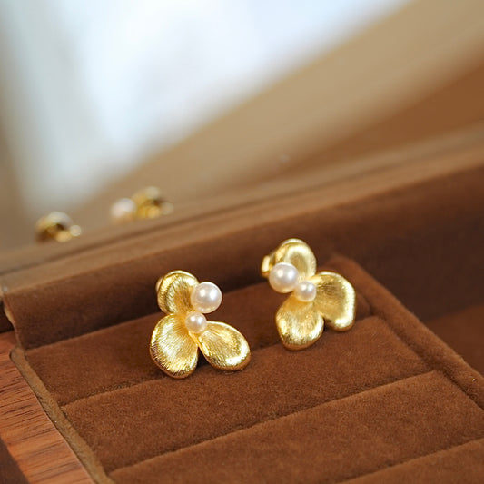 Silk-Drawn Petals Pearl Earrings, Gold Version