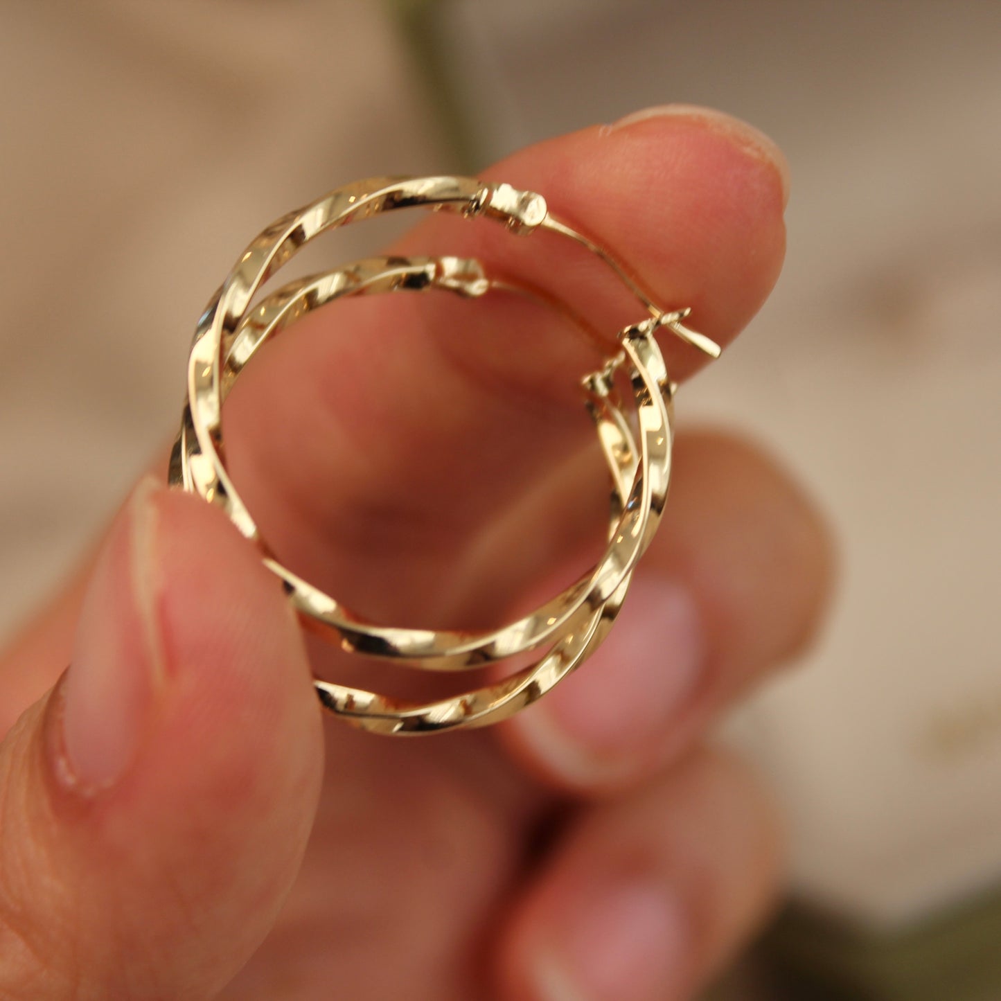 18K Solid Gold Twisted Hoop Earrings, 24mm