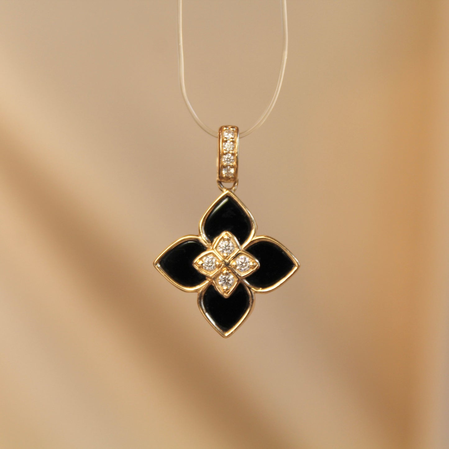 14K Solid Gold Black Onyx Clover Pendant