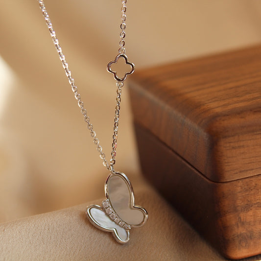 Butterfly Mother of Pearl Necklace, Silver Color
