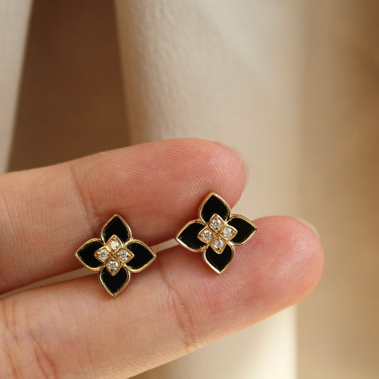 14K Solid Yellow Gold Black Onyx Clover Earrings