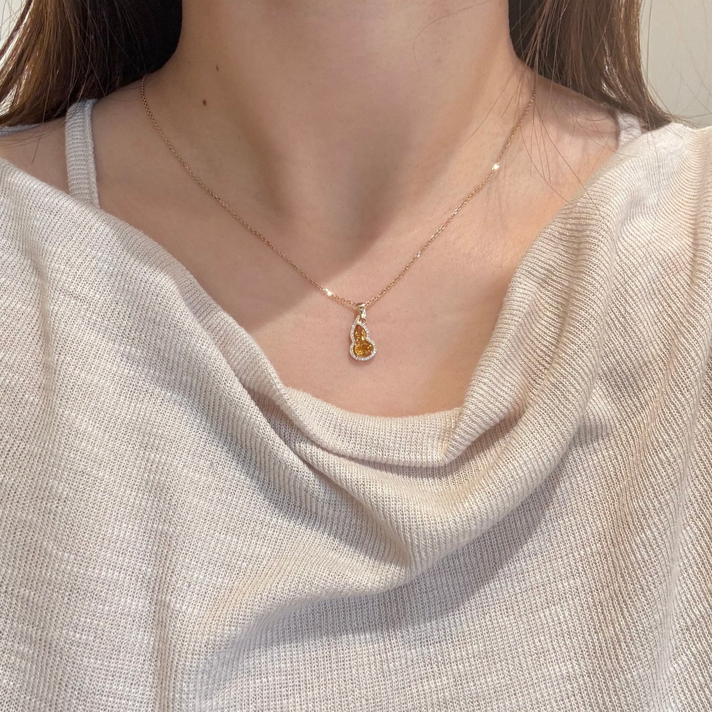 14K Solid Gold Natural Citrine Hulu Pendant