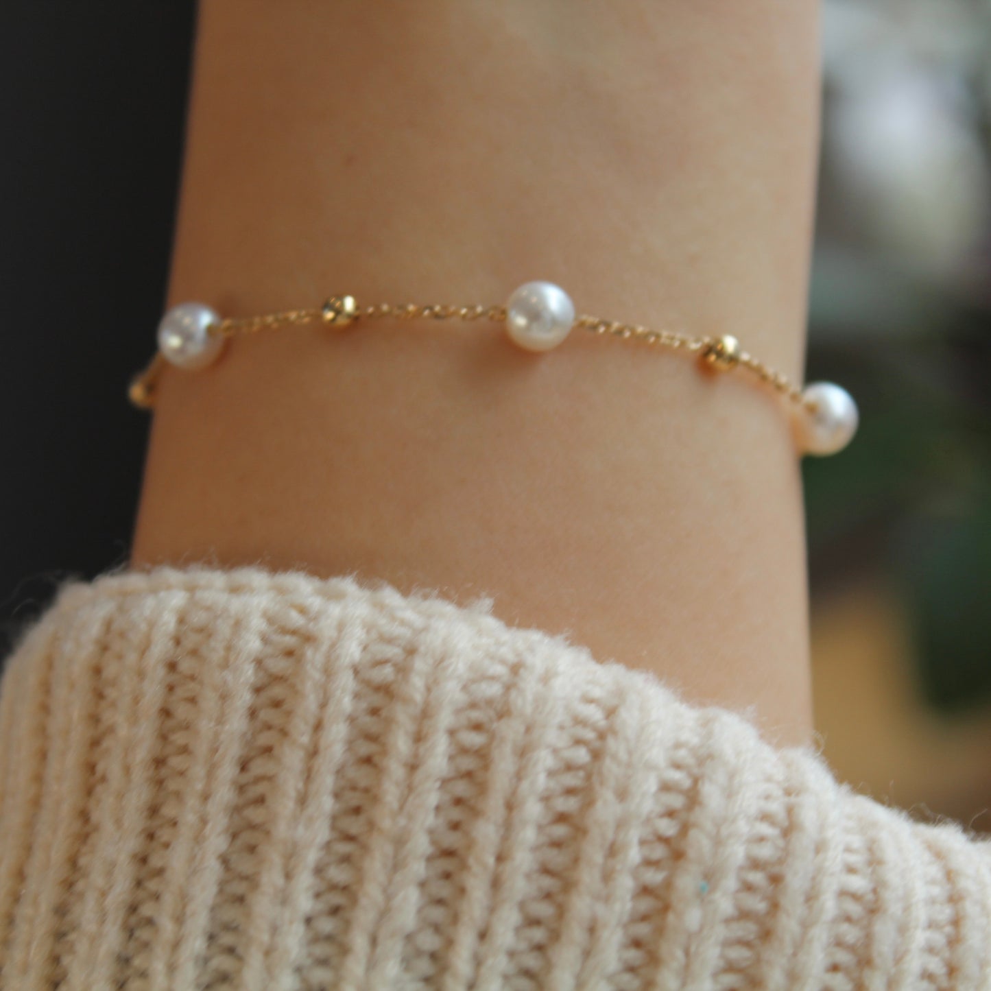 14K Solid Gold Starry Sky Pearl Bracelet