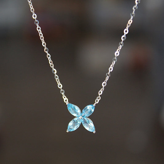 14K Solid White Gold Clover Necklace, Blue Topaz