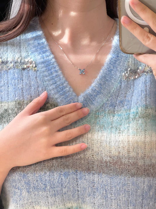 14K Solid White Gold Clover Necklace, Blue Topaz