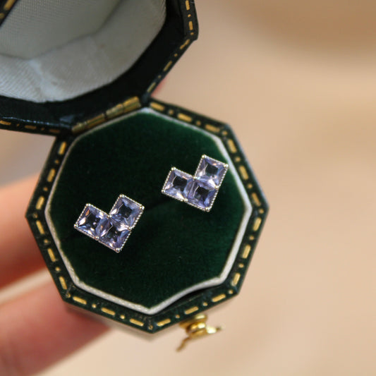 14K Solid White Gold Lolite Heart Earrings 堇青石