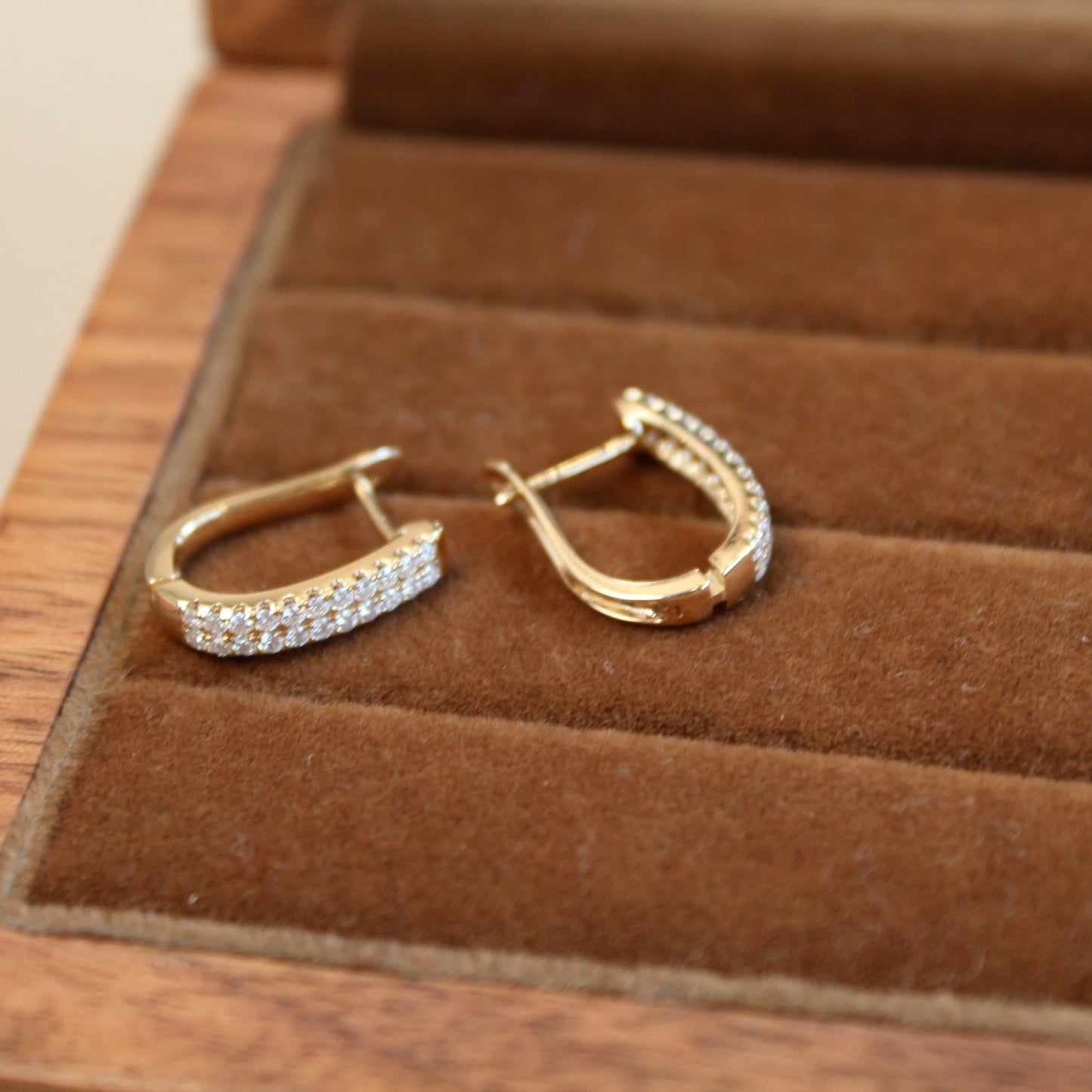 14K Solid Gold Double Row Pave Huggie Earrings