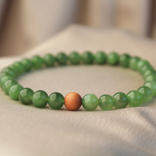 Sandalwood Natural Green Jade Beaded Bracelet, 6mm