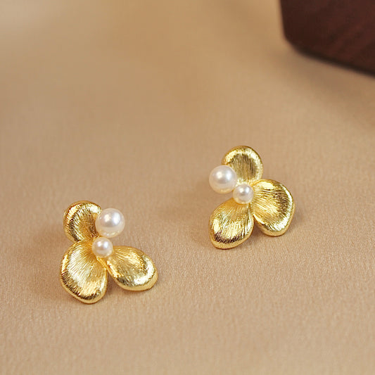 Silk-Drawn Petals Pearl Earrings, Gold Version