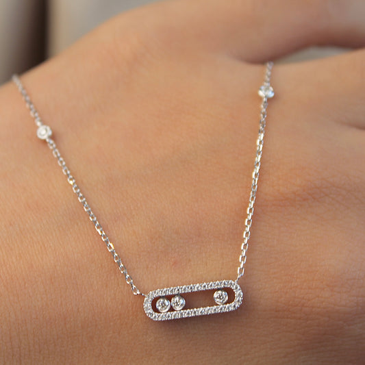 14K Solid White Gold Dancing Stones Necklace