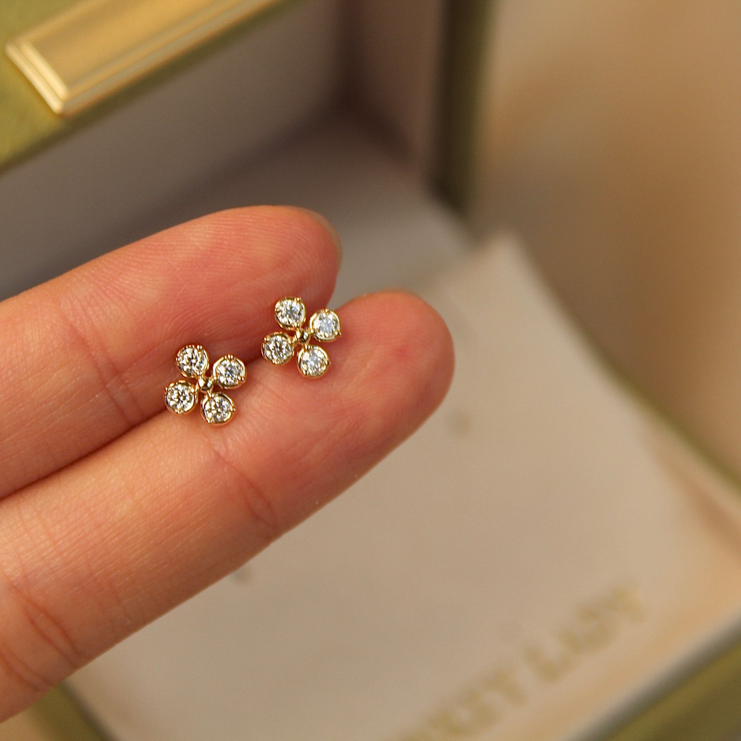 14K Solid Gold Small Clover Earrings