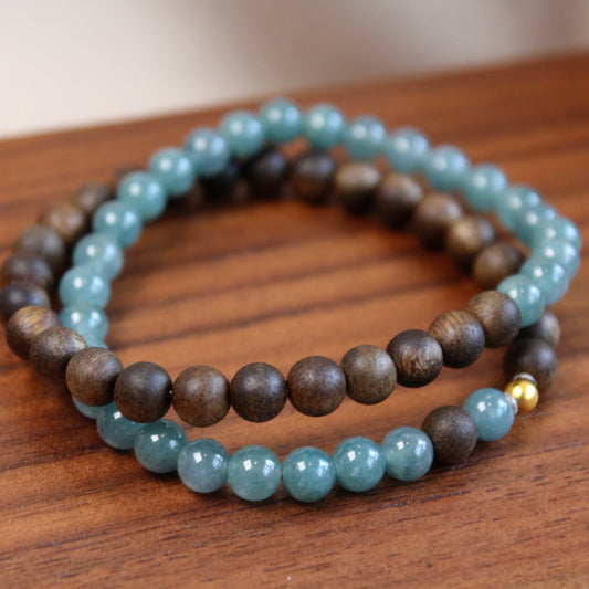 蓝水翡翠沉香双圈手串 Two Layer Bracelet of Natural Jadeite and Agarwood 6mm
