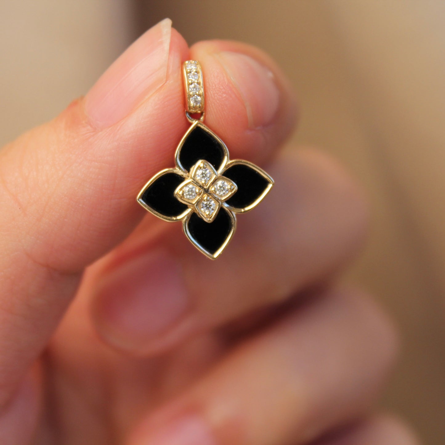 14K Solid Gold Black Onyx Clover Pendant