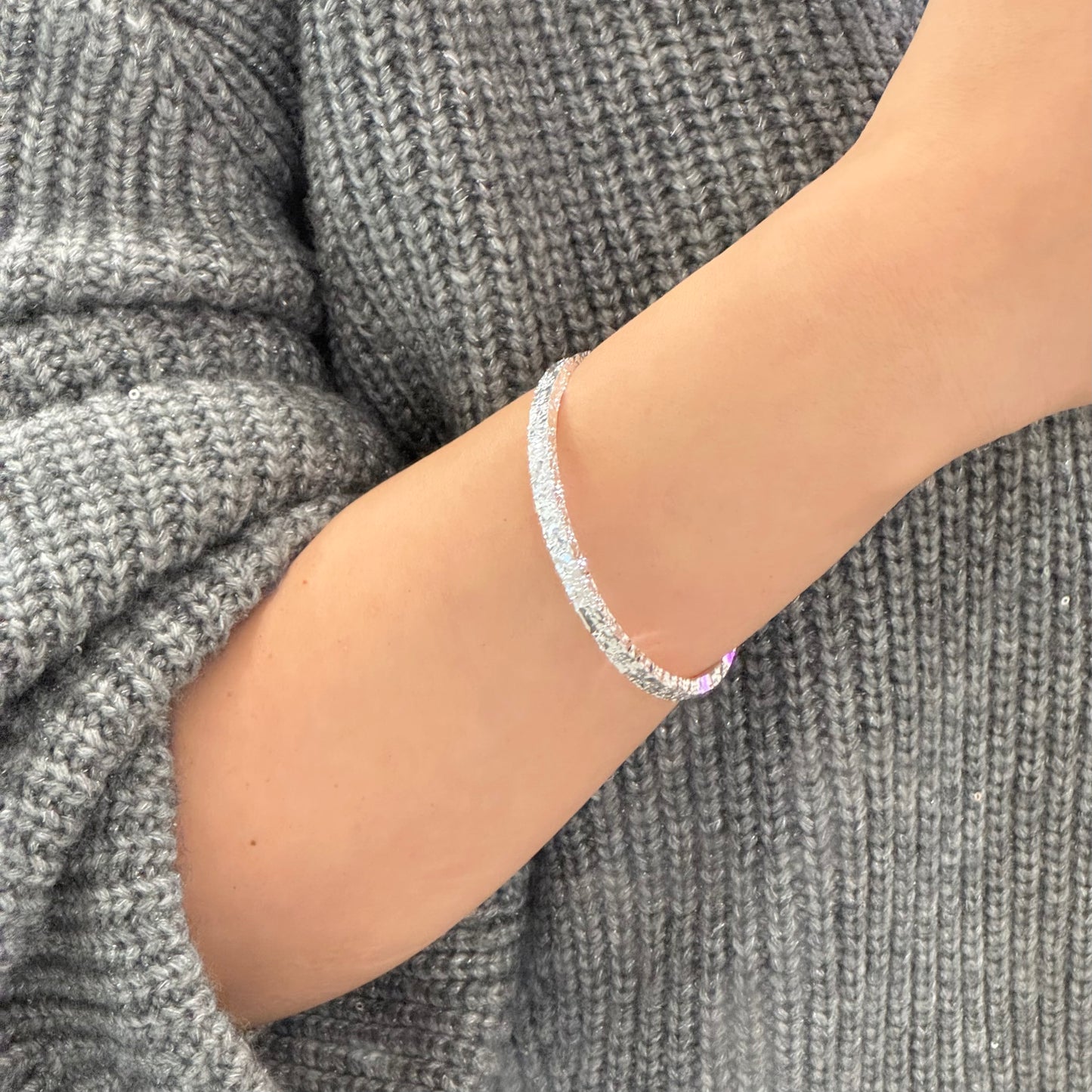 碎冰冰实心Sparkling Crushed Ice Silver Bangle Bracelet